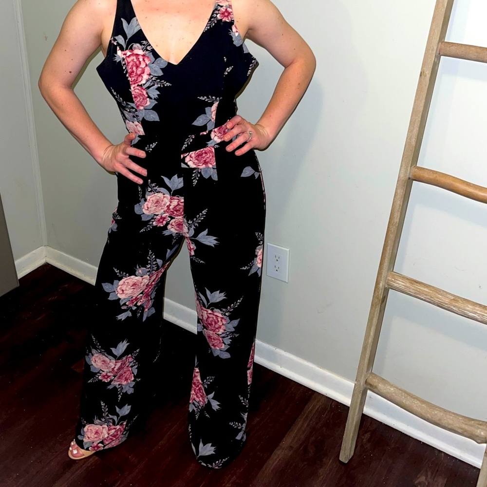 Charlotte Russe Black and Floral Romper Pant Suit - Picture 2 of 3
